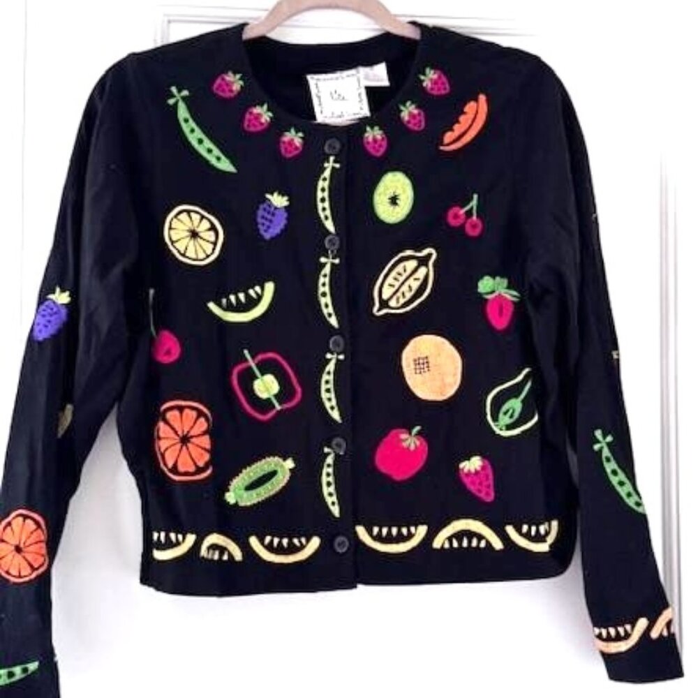 Michael Simon Lite Vintage Embroidered Fruits Cardigan